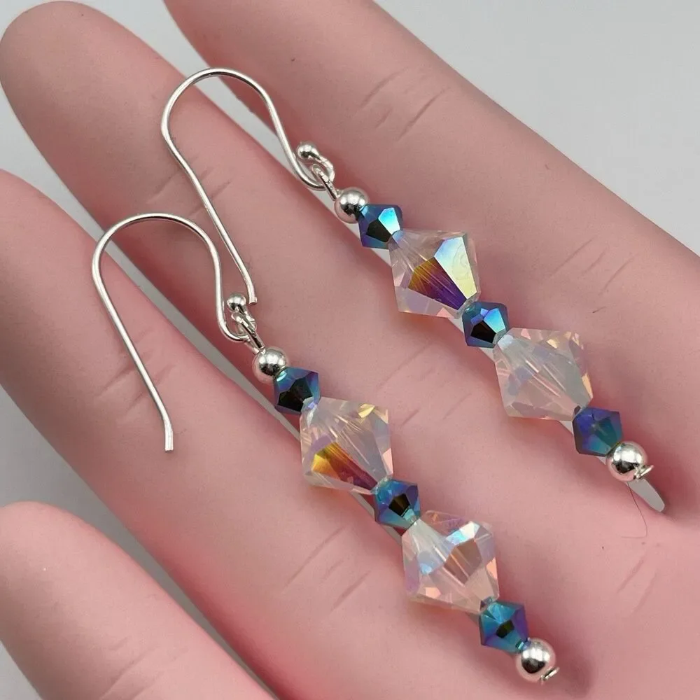Made With Swarovski Crystals White AB Teal Blue Beaded Sterling Silver Earrings